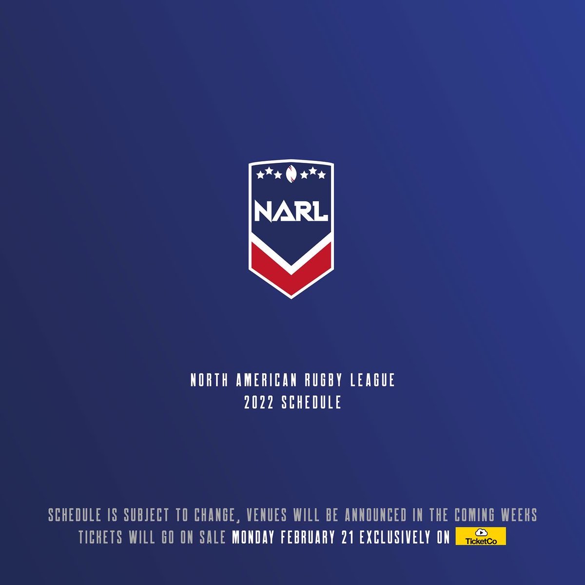 NARugbyLeague's tweet photo. Here is your 2022 Round 1 NARL Schedule, TICKETS ON SALE FEBRUARY 21st. #rugbyleague #thetimeisnow https://t.co/bdPINLgFng