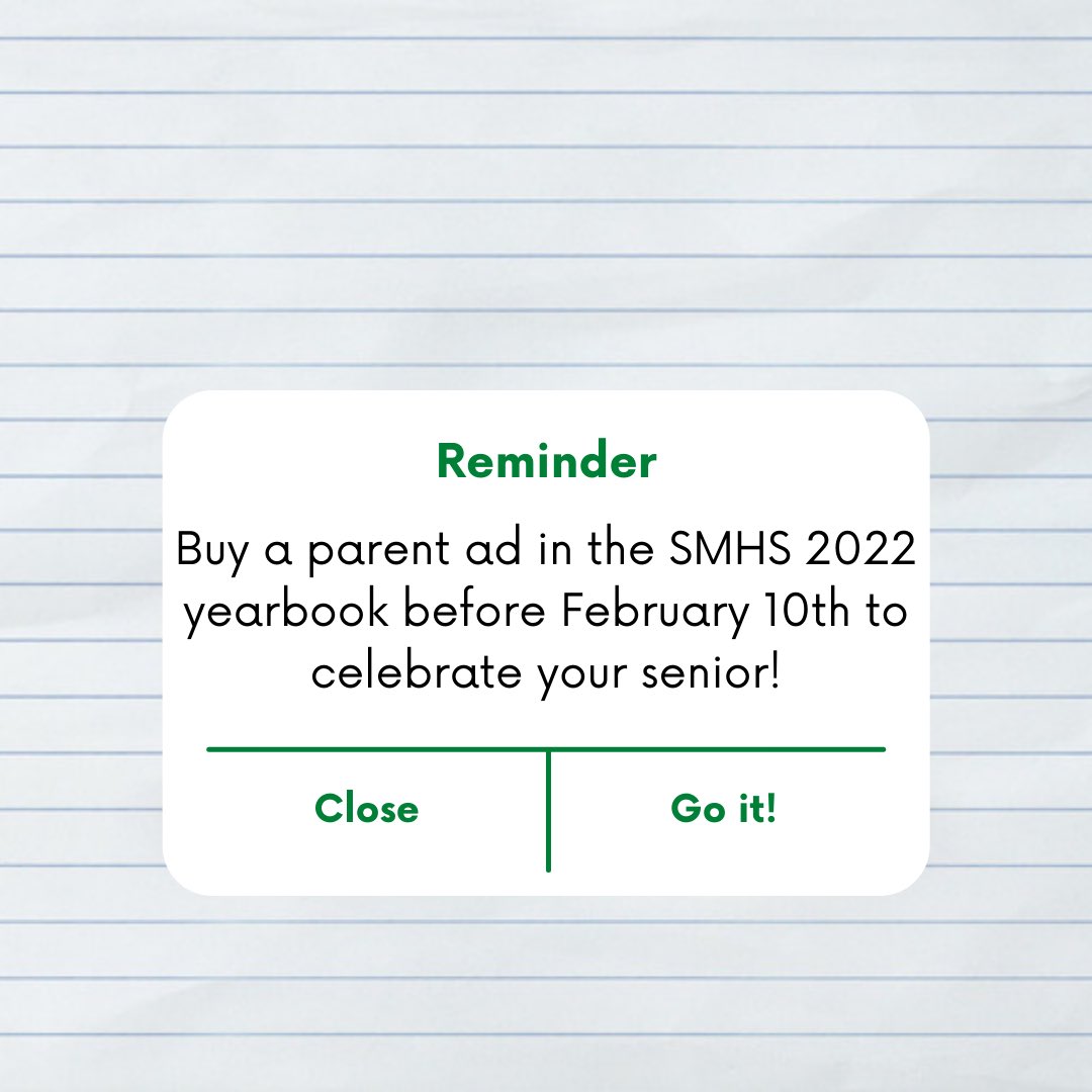 🚨 Parents 🚨 buy and create your parent ad in the SMHS 2022 yearbook before February 10th to celebrate your child’s accomplishments! 🎉 To place the ad go to jostens.com