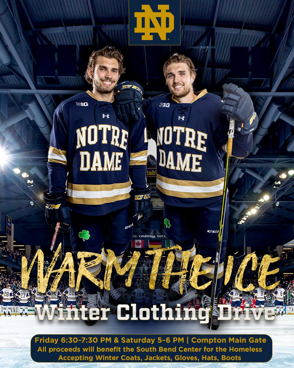 ND Student-Athlete Services (@notredamegld) on Twitter photo Join <a href="/ndwbb/">Notre Dame Women's Basketball</a> and <a href="/NDHockey/">Notre Dame Hockey</a> this weekend as they "Warm the Court" and "Warm the Ice", collecting winter clothing items prior to their games!
All proceeds will benefit the Center for the Homeless! Donation boxes will be outside <a href="/NDCFIA/">Compton Family Ice Arena</a> and the Joyce Center one hour prior to games! Join <a href="/ndwbb/">Notre Dame Women's Basketball</a> and <a href="/NDHockey/">Notre Dame Hockey</a> this weekend as they "Warm the Court" and "Warm the Ice", collecting winter clothing items prior to their games!
All proceeds will benefit the Center for the Homeless! Donation boxes will be outside <a href="/NDCFIA/">Compton Family Ice Arena</a> and the Joyce Center one hour prior to games!