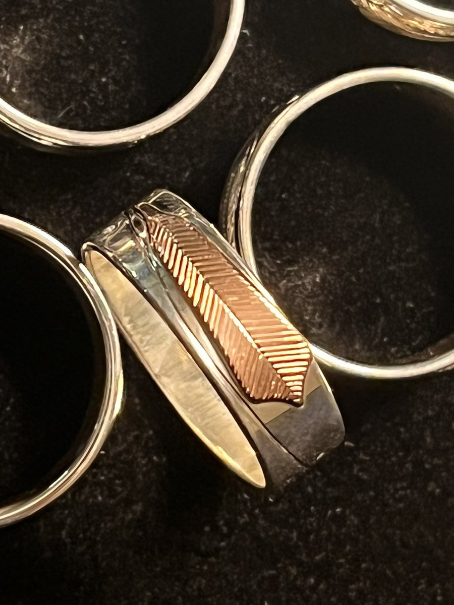 Walterdahaida's tweet photo. Some sweet 1/4” rings with gold a gold feather soldered on each one… on fire!! https://t.co/UelbheF70z