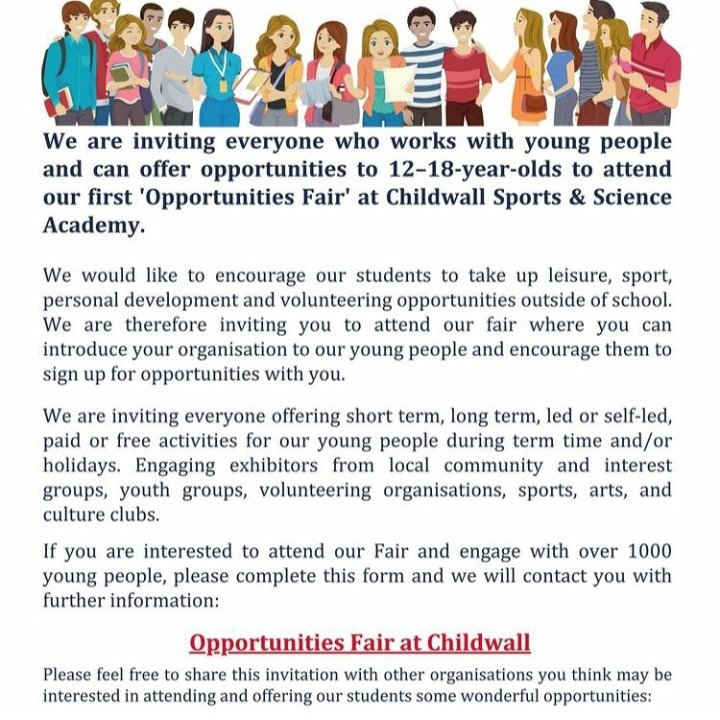 Calling all clubs and community groups, Do you Provide a service or activity for young people? There will be an opportunities fair <a href="/Childwall_acad/">Childwall Academy</a> on the 31st of March from 1-4pm and we would like to invite you! 

To register your interest please go to bit.ly/3qW0dbc