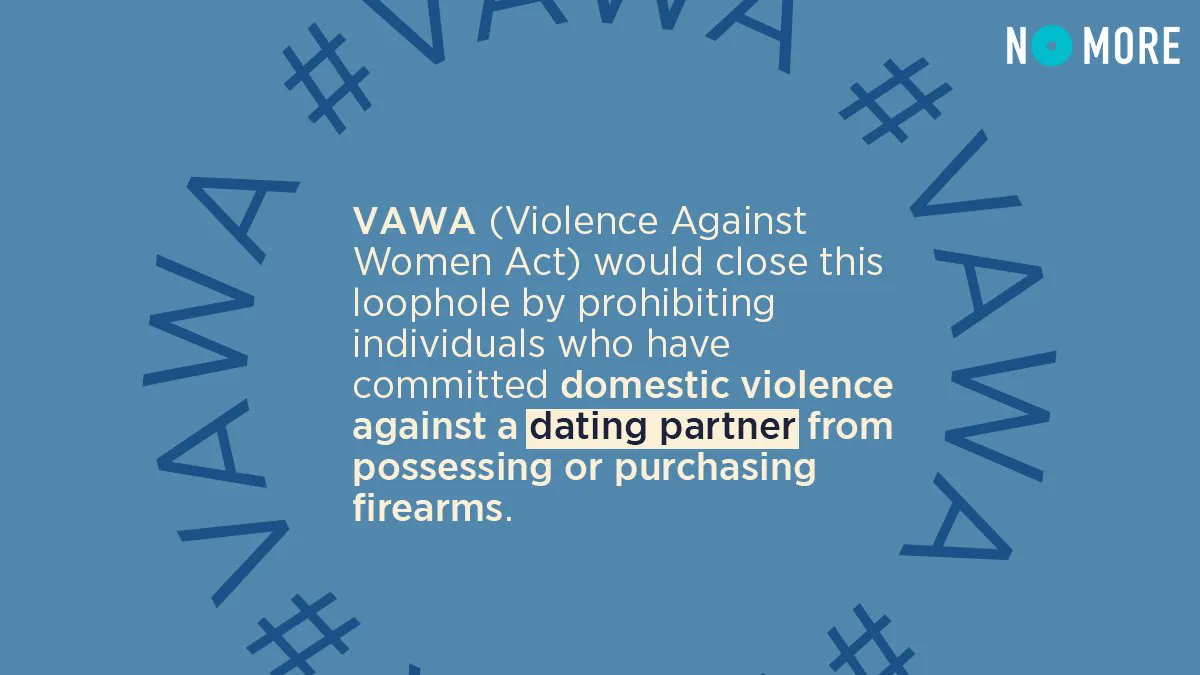 NOMOREorg's tweet photo. 3 women are killed by a partner every day in the United States. We must close the boyfriend loophole to protect all survivors from abusive partners.

Call your senator and urge them to cosponsor and vote for VAWA Reauthorization. #VAWA #VAWA4All https://t.co/45KLvS5Xa7