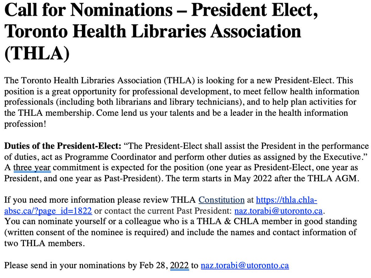 THLA_1's tweet photo. THLA is looking for a new President-Elect. This position is a great opportunity for professional development &amp; networking! 
Nominate yourself or a colleague. Please see details attached.
Please send in your nominations by Feb 28, 2022 to naz.torabi@utoronto.ca https://t.co/SC26h4JpbL