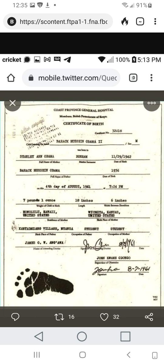 MargaretLCornel's tweet photo. O'Bamas's certificate of live birth. He was born in Kenya and lied. Read for yourself. The first of many lies? You want truth? You'll get it here. I am not playing around. ⚡⚡⚡ https://t.co/fzAQZGTAyn