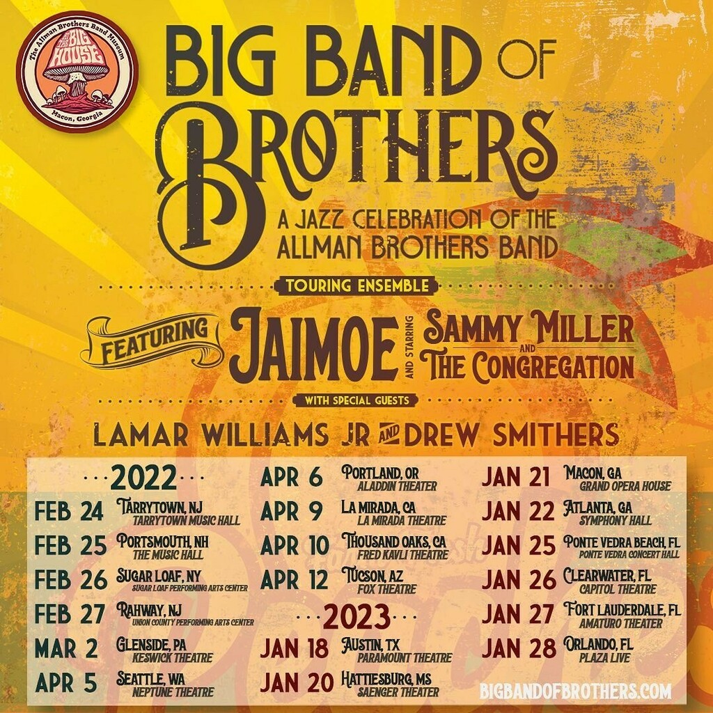 GreggAllman's tweet photo. The January dates for The Big Band of Brothers has been postponed! Check out the new schedule. Where will you catch @jaimoedrummer? #allmanbrothers #legacy #livemusic #getbackonstage #backtowork #musicians #jazz #jazzmusic https://t.co/Q1f7ok88lD https://t.co/zXaSGfj0gi