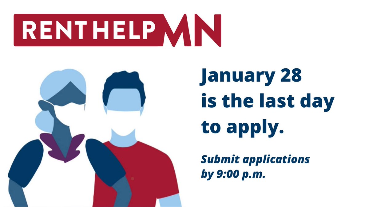 ProjectHOPE_mn's tweet image. RentHelpMN applications must be submitted by Friday, January 28 at 9:00 p.m. to be considered. If you are behind on rent, you may apply to get caught up and be protected from eviction. Visit RentHelpMN.org to apply or call Project HOPE today at (612)-444-3301.