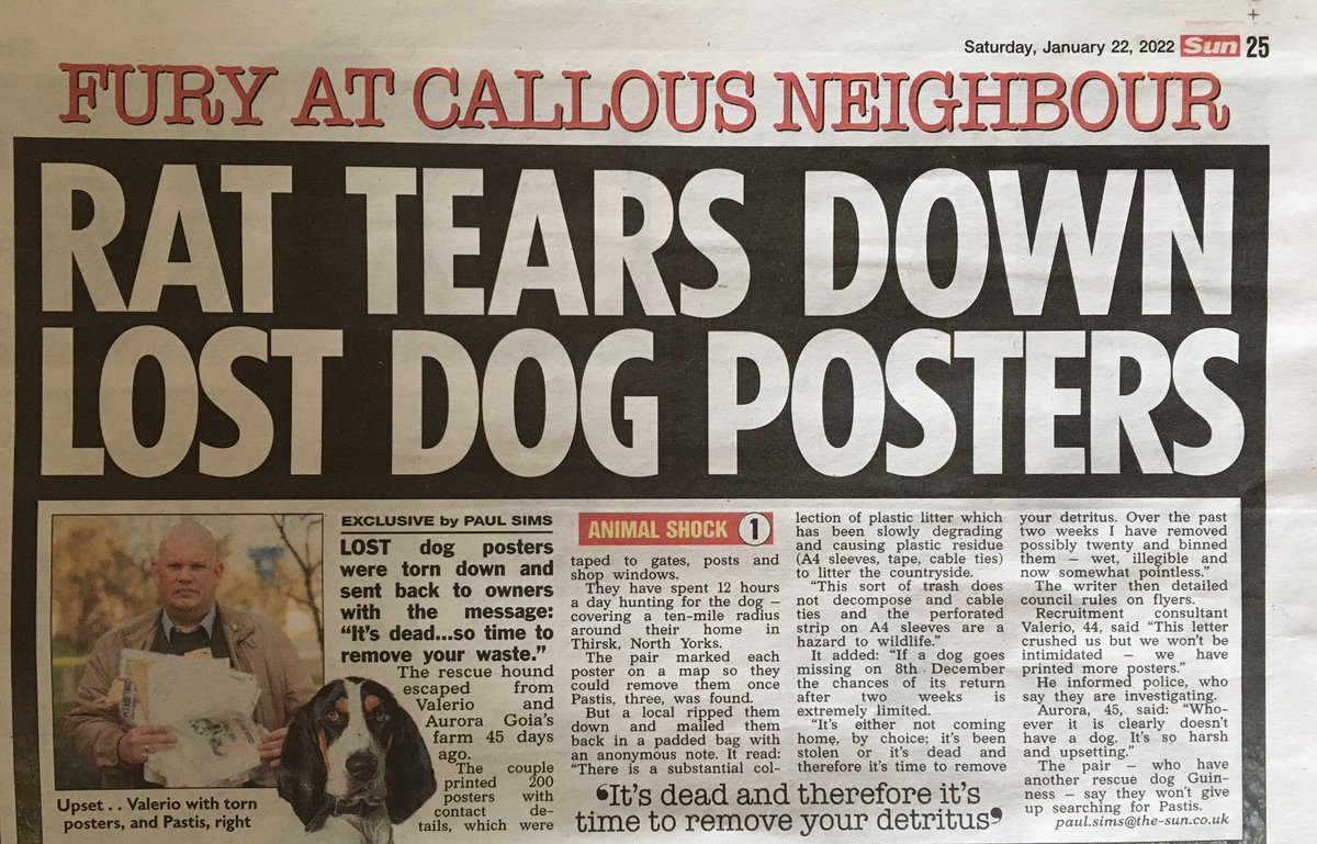 Valgorec's tweet photo. Please share what happened.
We lost our dog in December and have put posters everywhere for him. Someone evil ripped them all down and sent us them back in an anonymous parcel. News was on media. #findpastis #MissingDog #dogsoftwitter #Yorkshire #dogs https://t.co/YWupmPi7mU
