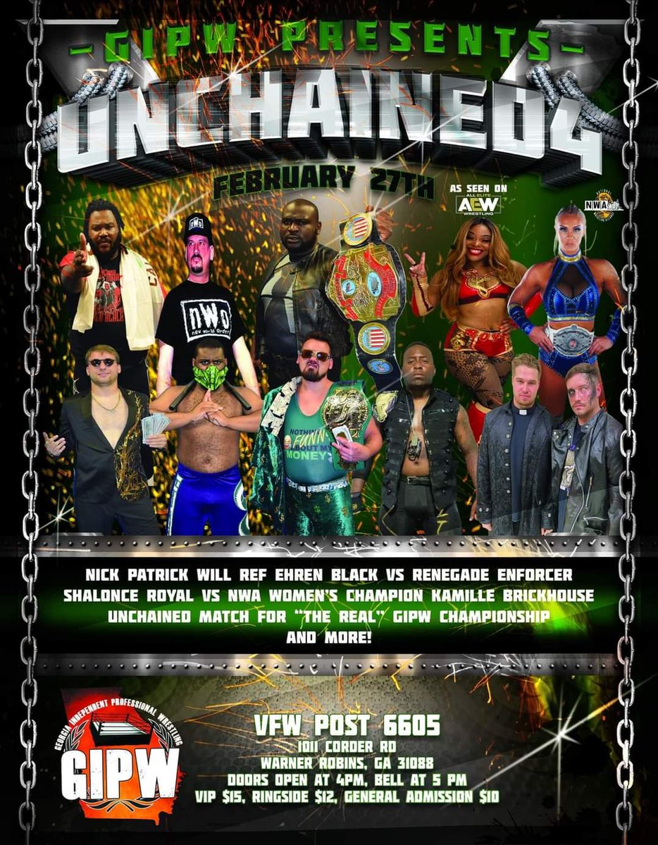 GaIndyPro's tweet photo. February 27th in Warner Robins, GA.
Special guest referee #NickPatrick calls the shots when @Word_Is_Law defends the GIPW Heavyweight Championship against @Ehren_Black
Kamille defends the @nwa World Women's Champion against @Shalonce_Royal AND MORE https://t.co/0siua7vw0Z