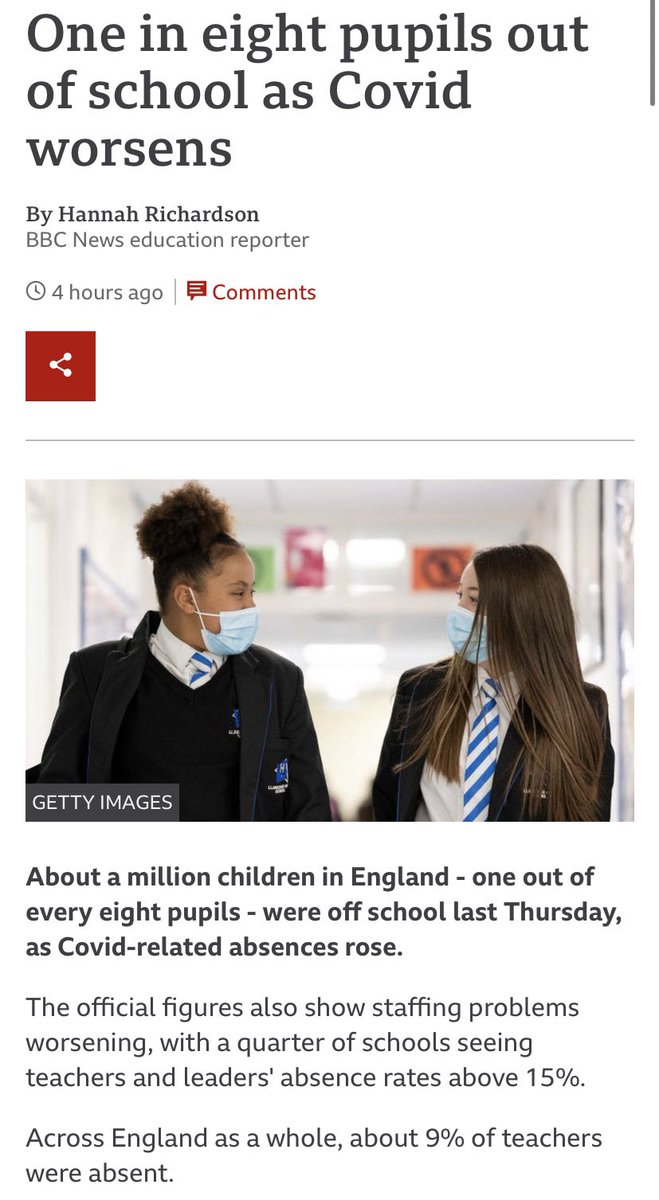 ONE MILLION absent from school should be headline news across all platforms. Yet this is the first week for many months that I haven’t been asked to comment on pupil absences. Living with Covid does not mean accepting intolerable levels of pupil &amp; staff absence as the norm.