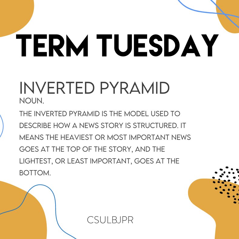 CSULBJPR's tweet photo. 📝 JPR Term Tuesday 📝

The most recognizable structure to every journalist. Do you remember your introduction to the inverted pyramid?

Source: ThoughtCo

#csulbjpr #gobeach #csulb #invertedpyramid https://t.co/E2r3gvhva5