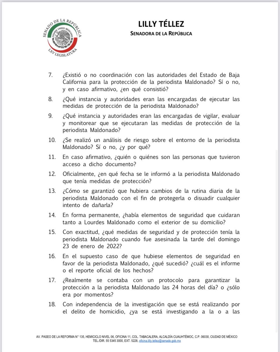 LillyTellez's tweet photo. El lavadero de manos de AMLO no lo tuvo ni Poncio Pilatos. 

El presidente debería venir al senado a responder estas preguntas sobre el asesinato de la periodista Lourdes Maldonado.

Ayer las envié por carta a él y a @JesusRCuevas 👇🏻 https://t.co/WcSBeMu6fh