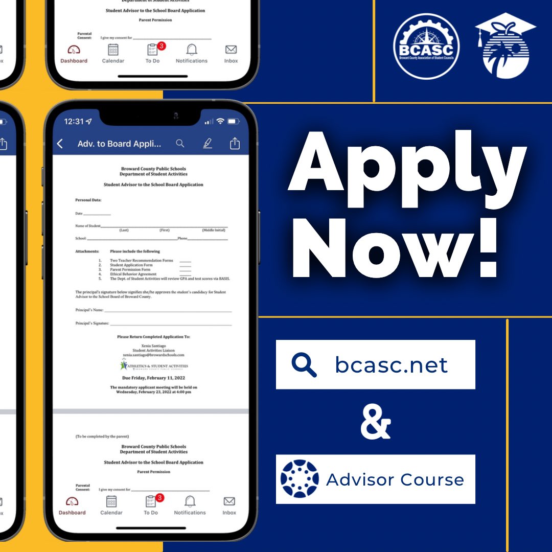 BCASC (@bcasc_florida) on Twitter photo Hello Broward County!! 💙💛
Applications for Student Advisor are now available on bcasc.net as well as the BCASC advisor canvas course! 🗳
Applications are due February 11th and the election will occur on March 10th at the BCASC general meeting 🤩
<a href="/bcpsactivities/">Student Activities</a> Hello Broward County!! 💙💛
Applications for Student Advisor are now available on bcasc.net as well as the BCASC advisor canvas course! 🗳
Applications are due February 11th and the election will occur on March 10th at the BCASC general meeting 🤩
<a href="/bcpsactivities/">Student Activities</a>