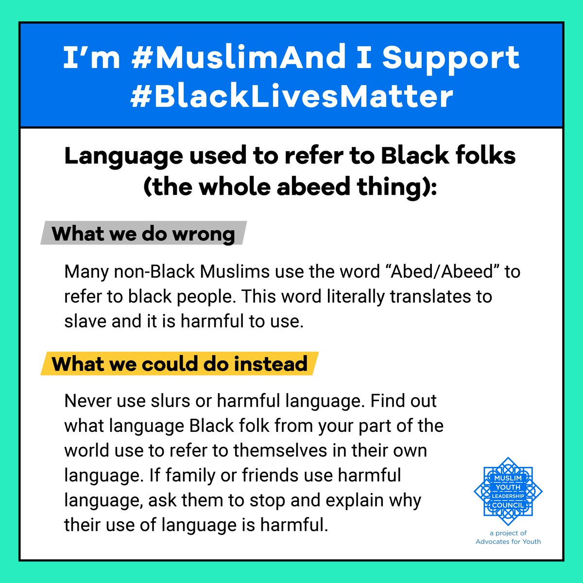 AdvocatesTweets's tweet photo. Our Muslim Youth Leadership Council has committed to being #MuslimAnd fighting anti-Black racism because it is the fulcrum upon which our oppression operates.
📚Check out their latest resource, I’m #MuslimAnd I support #BlackLivesMatter, to learn more!⬇️
https://t.co/YjEoVtSsnG https://t.co/gV8Eam506T