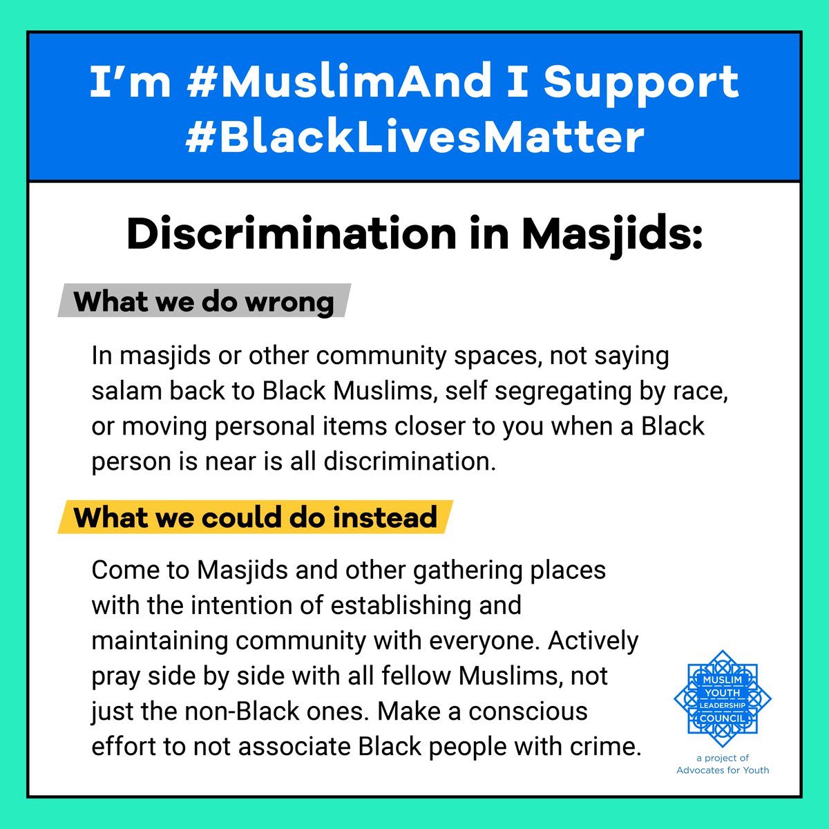 AdvocatesTweets's tweet photo. Our Muslim Youth Leadership Council has committed to being #MuslimAnd fighting anti-Black racism because it is the fulcrum upon which our oppression operates.
📚Check out their latest resource, I’m #MuslimAnd I support #BlackLivesMatter, to learn more!⬇️
https://t.co/YjEoVtSsnG https://t.co/gV8Eam506T