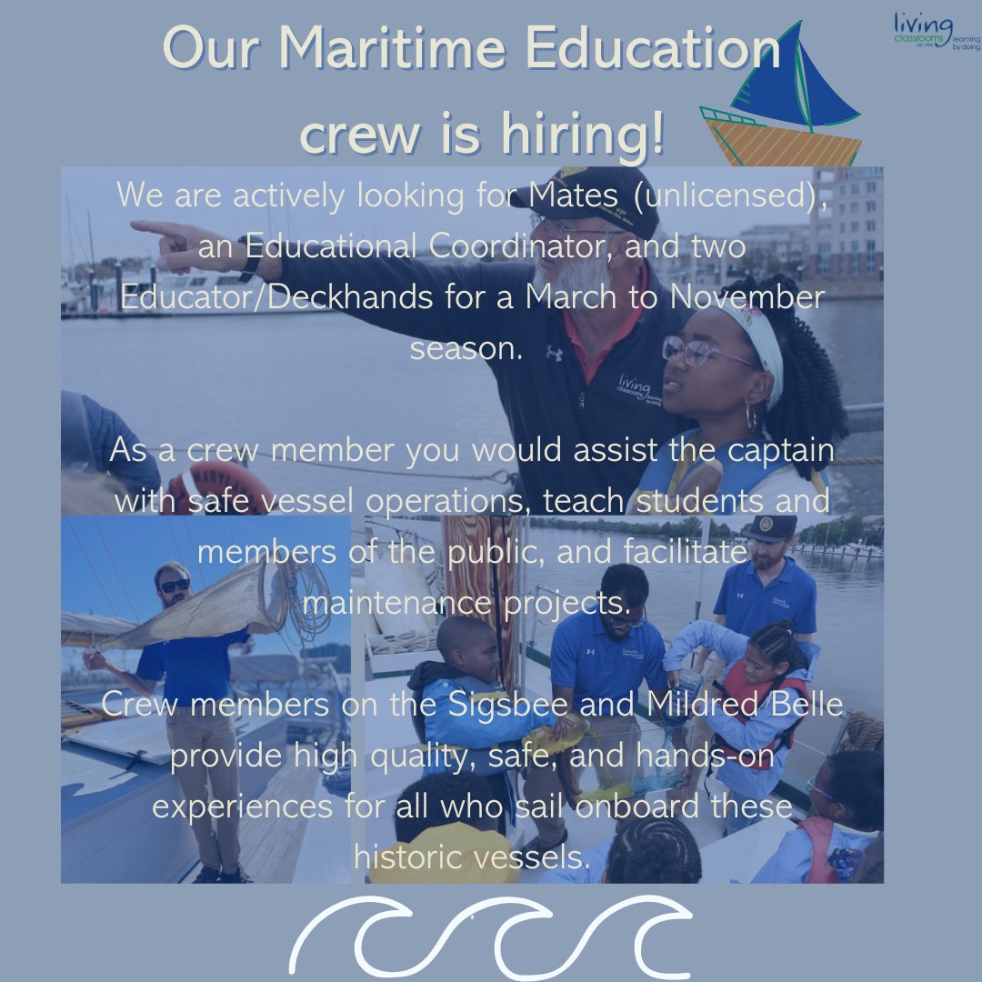 Are you excited to get out on the water this year?
If you are, the LCF Maritime Education Department is hiring seasonal crew!

Check out the link in our bio for the full job postings and to apply please email Captain Peter Bolster with your resume (pete@livingclassrooms.org)
