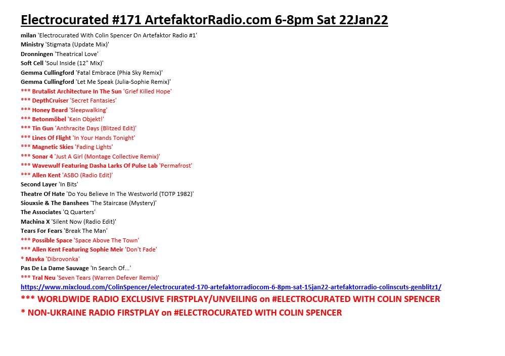 #Electrocurated #171 ▶️mixcloud.com/ColinSpencer/e… featured, at least, THIRTEEN worldwide radio #exclusive firstplays/premières/unveilings amongst the self-released artists+output of labels including @CherryRedGroup @ConcordRecords @outredisque #SituationTwo @state_bass @Tonal_Shifts
