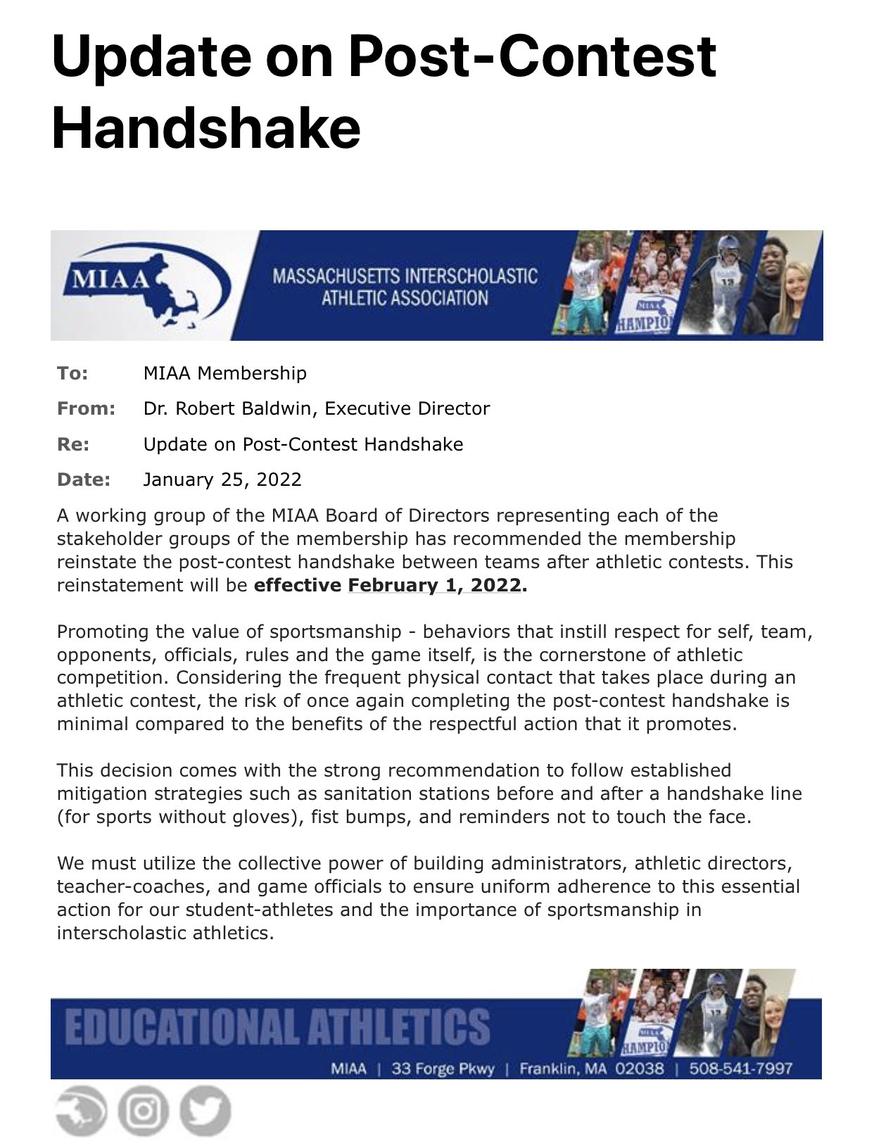 MIAA: update on post-contest handshake