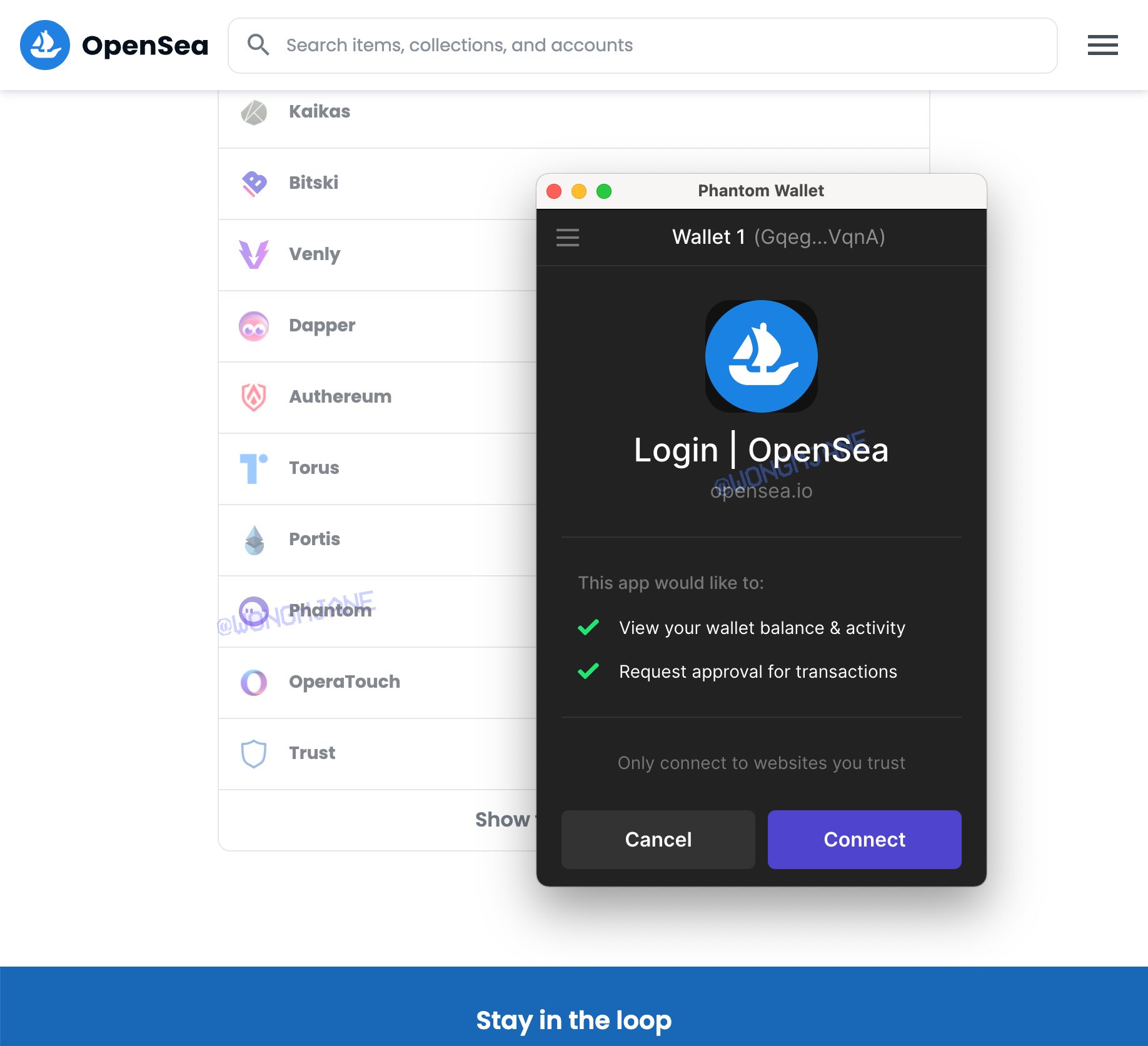 OpenSea collect wallet page, showing Phantom wallet as an option,  showing a Phantom Wallet Connection modal dialog “Login | OpenSea”