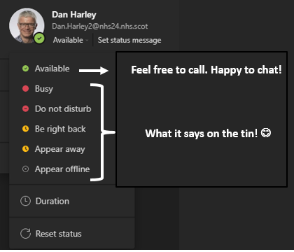DanHarley3's tweet photo. A new @15s30m mission for when colleagues are unsure of whether I am available for a video call on MS teams. Its not that hard to be more deliberate in setting availability status on MS Teams. 

#15s30m #joyinwork #reducefrustration @hillock_audrey https://t.co/zEJkj14hsy