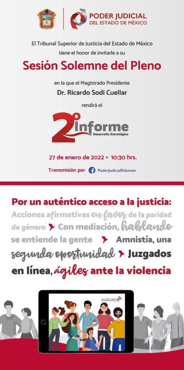 MagdoSodi's tweet photo. El jueves 27 de enero de 2022, rendiré ante el Pleno del Tribunal Superior de Justicia del Estado de México, mi Segundo Informe. 

🔴 Se trata de un ejercicio de rendición de cuentas, que responsablemente comparto con las y los mexiquenses.

10.30hrs.
Facebook Live https://t.co/Rt6U17lhtW