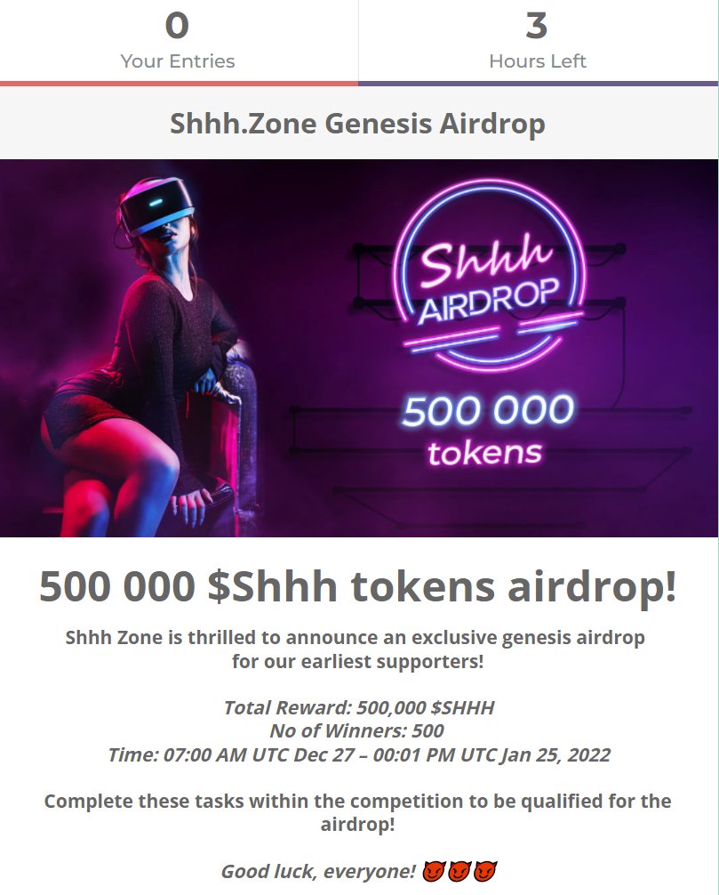 shhh_zone's tweet photo. 1st $Shhh airdrop - 3h left !!! 
#AirdropCrypto #AirdropFrenzy #AirdropDetective #airdropalert #Airdrops #airdrop #tokenlaunch #tokenairdrop #tokengiveaway #Giveaway #GiveawayAlert #ico #bscairdrop #bscairdrops #bsc #alcoins https://t.co/M3qXj5hLat