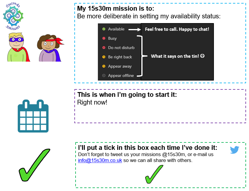 DanHarley3's tweet photo. A new @15s30m mission for when colleagues are unsure of whether I am available for a video call on MS teams. Its not that hard to be more deliberate in setting availability status on MS Teams. 

#15s30m #joyinwork #reducefrustration @hillock_audrey https://t.co/zEJkj14hsy