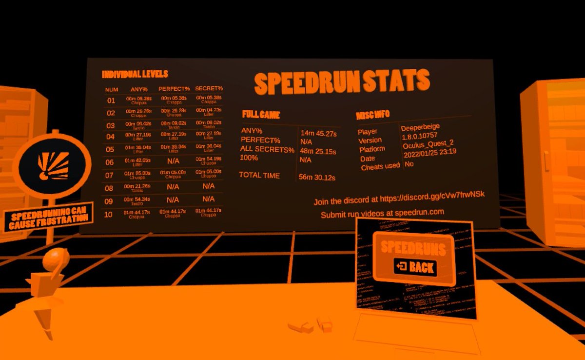 Just pushed #HannaInAChoppa3 v1.8 to the #OculusAppLab. Added a room with stats for accurate #speedrun times!