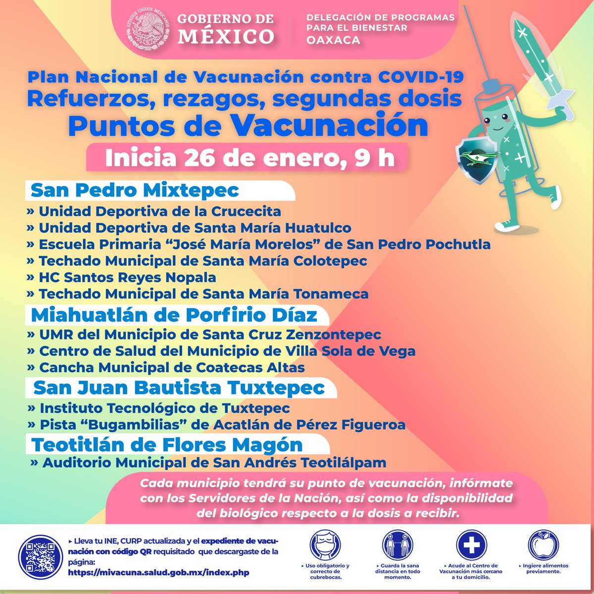 NancyOrtizOax's tweet photo. A partir del 26 de enero, se instalarán 50 puntos de vacunación en diferentes municipios para aplicar dosis de refuerzo y atender casos de rezago. Toda la información se encuentra en las imágenes.⬇️
#MeVacunoXOaxaca https://t.co/7COLllXIRW