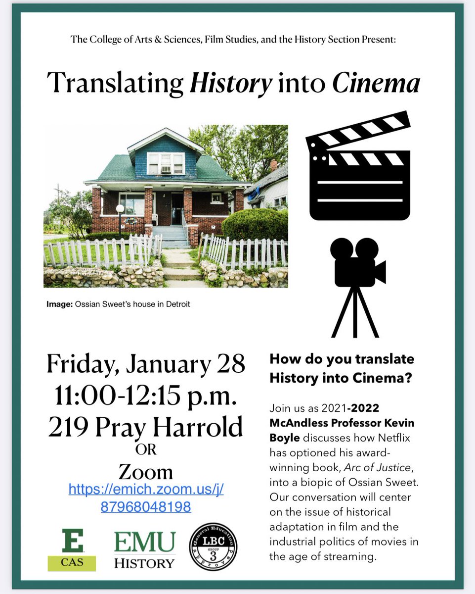 EMU_History's tweet image. This week Kevin Boyle will be returning to campus to talk about history in film! This is a part of the Detroit theme year series and in collaboration with @EMUcas_