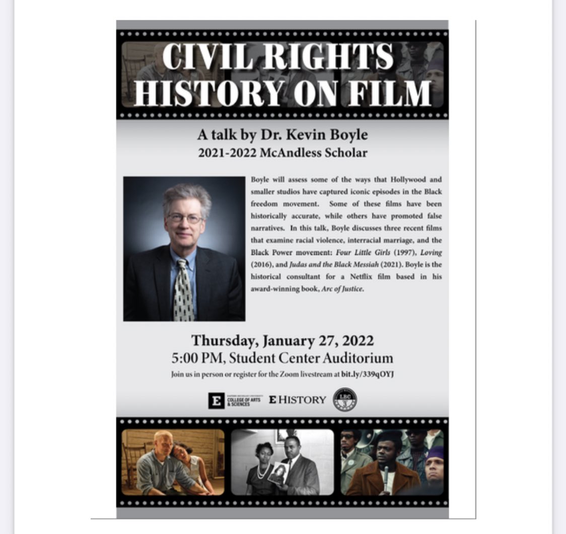 EMU_History's tweet image. This week Kevin Boyle will be returning to campus to talk about history in film! This is a part of the Detroit theme year series and in collaboration with @EMUcas_
