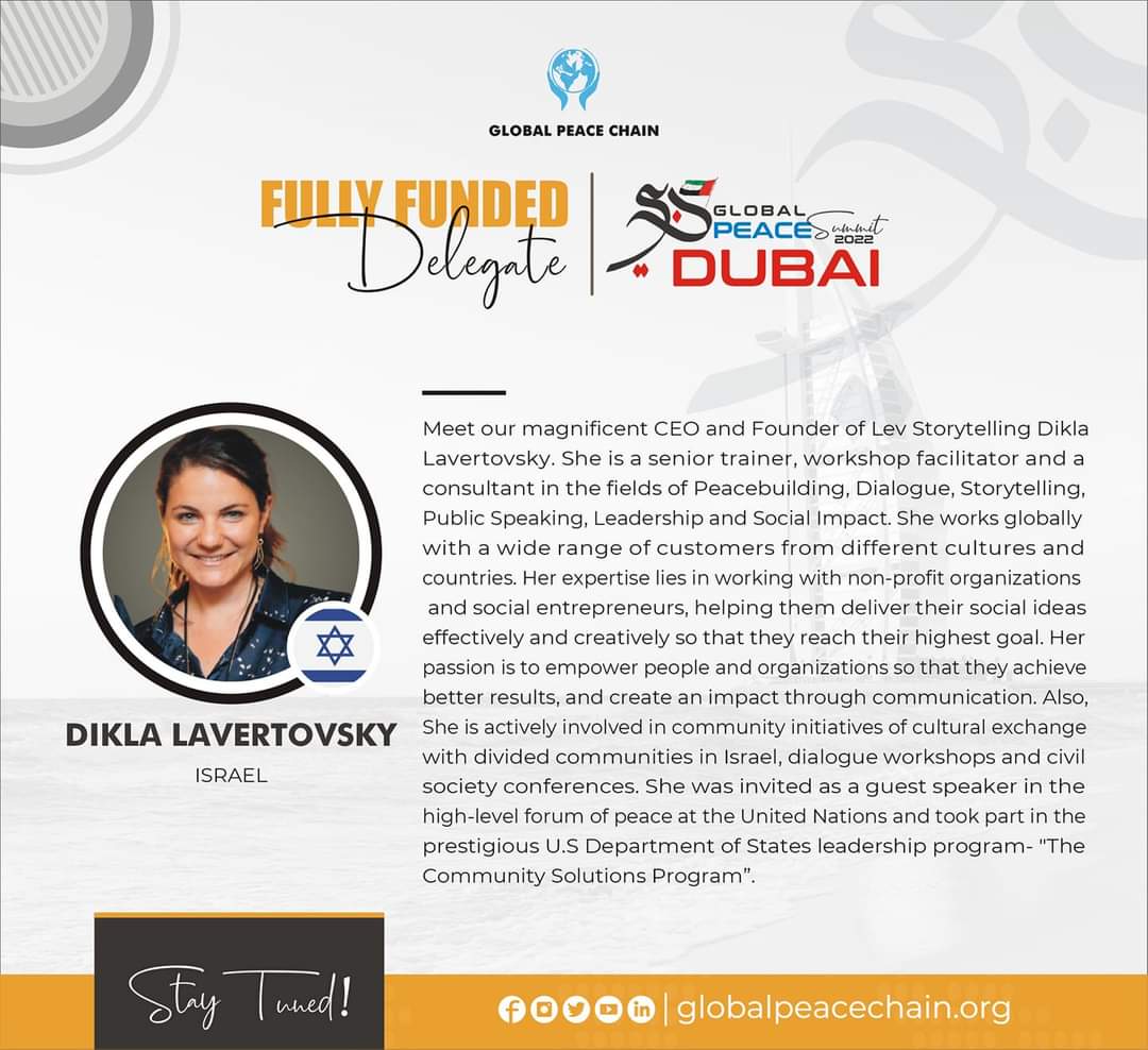 Fully Funded Delegate # 03:

Mr. Dikla Lavertovsky
#Israel 🇮🇱 

Congratulations on securing place in funded category out of numerous applications across the globe.

Please stay tuned &amp; excited 🙌. 

#GlobalPeaceSummit 
#GlobalPeaceSummit_Dubai
#GlobalPeaceChain