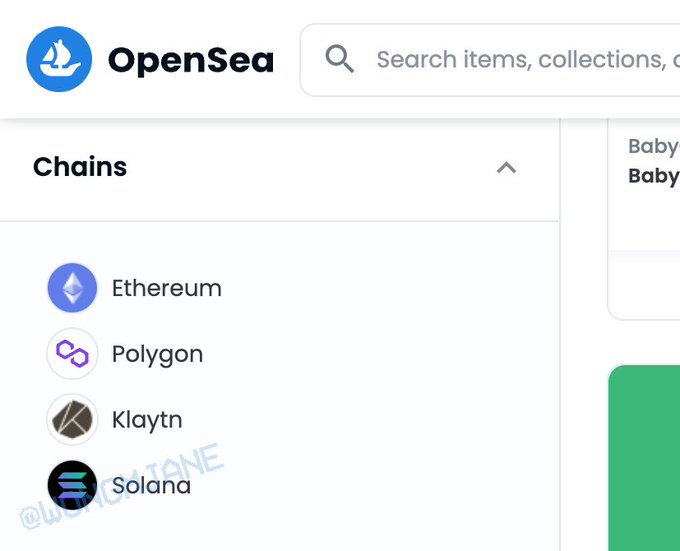 OpenSea screenshot showing the filter sidebar, chains section showing Solana