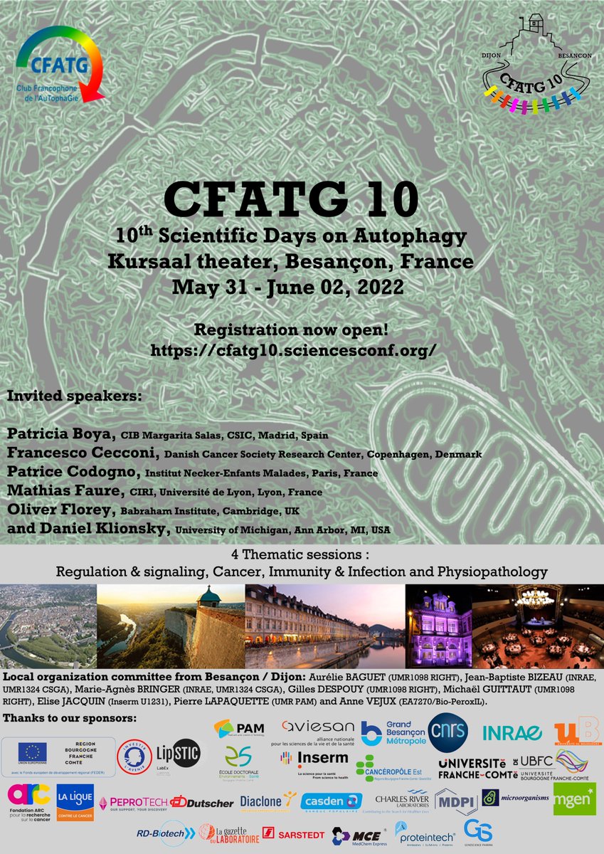 Registrations and abstract submissions to the CFATG10 are open!!! 
Please visit the meeting website to sign up:
cfatg10.sciencesconf.org
Looking forward to celebrating the 10th anniversary edition of the CFATG Scientific Days on #Autophagy together