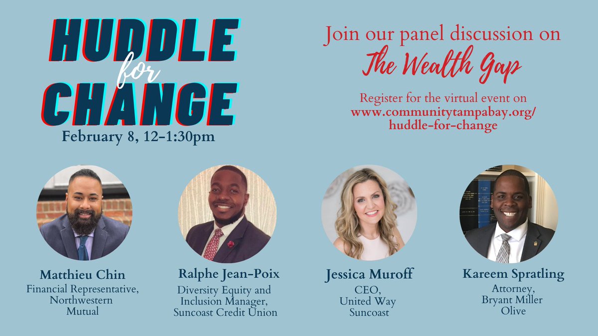 We are excited to announce our panelists for Part 4 of Huddle for Change: The Wealth Gap. Join our virtual community dialogue on Feb. 8th, 12:00-1:30 pm: rb.gy/ta80rs <a href="/TampaBayLV/">Tampa Bay Super Bowl LV Host Committee</a> <a href="/NFLFoundation/">NFL Foundation</a>