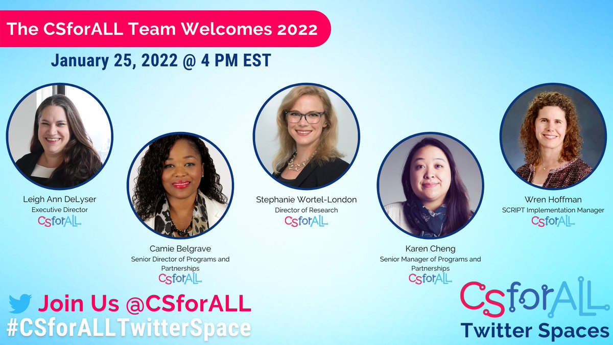 CSforALL's tweet photo. We are very excited to begin our very first #CSforALLTwitterSpace with our #CSforALL team members: @lsudol, @StephWortel, @karenrcheng, and @wrenhoffman 🎉 https://t.co/q90K92A2zu https://t.co/bOm2sfIHXS