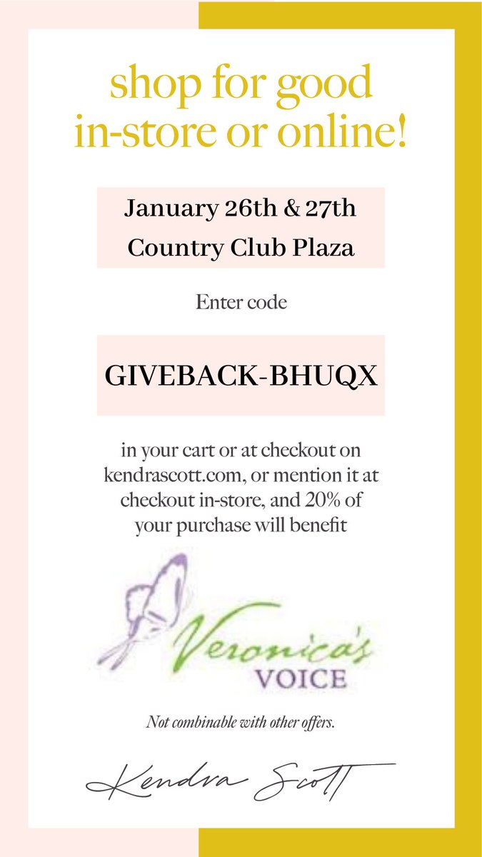 Join Kendra Scott in doing good by shopping with them on Jan 26 &amp; 27! We will be in-store on the 27th from 4pm-7pm. Hope to see you there!