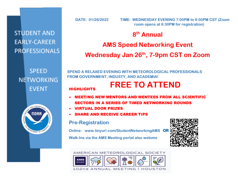 AMSEarlyCareer's tweet image. Have to miss tonight&apos;s social, or just looking for even more opportunities to network? 

Then join us TOMORROW NIGHT 1/26 for the 8th Annual @ametsoc Speed Networking Event! 7-9pm CST.

Registration link: tinyurl.com/StudentNetwork…

#AMS2022