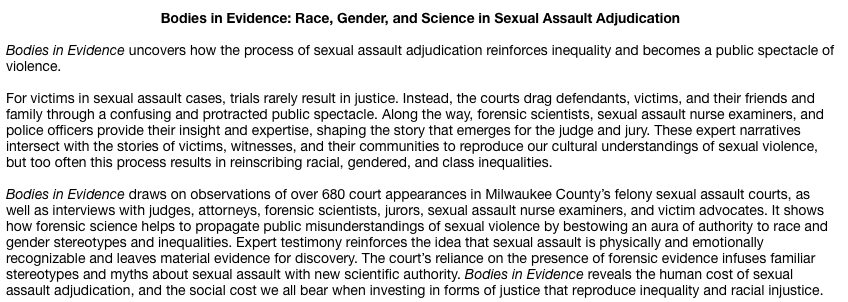 ashleytrubin's tweet photo. Hey @Punishment_CRN folks! Our next Digital Speaker Series is Feb. 25 @ 12:30p ET featuring @heatherhlavka &amp; @ratnagiri77 on their new @NYUpress book #BodiesinEvidence. Check your email for the info to join the virtual talk! (h/t @AmJSoc) https://t.co/T3W4ZEKrHO