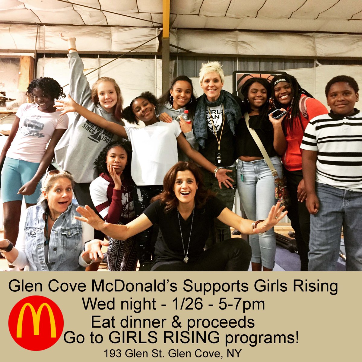 Join us at Glen Cove, NY McDonalds Wednesday night, January 26th from 5-7PM! Proceeds from sales to benefit GIRLS RISING! #winwin #GirlsRising #McDonalds #charity #501c3