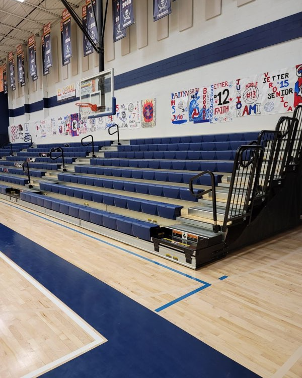 husseyseating's tweet photo. We think these MAXAM bleachers recently installed at @phspiratesrock ARRRR great! The Pirate XtremeGraphics Logo adds a lot of personality and school pride to this gym. Props to @nor_pacseating on another job well done! #bleachers #telescopicseating #retractableseating https://t.co/esI4zD2DIT