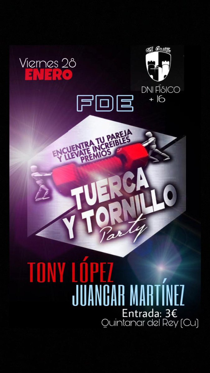 VOLVEMOS CON LA SEGUNDA FDE DEL AÑO!🎉🎉
Tematica: tuerca y tornillo, encuentra tu pareja y chupito gratis

Se sorteara una entrada en cada una de nuestras redes sociales y un bonocopa en instagram

Para entrar el en sorteo seguir esta cuenta, da ❤ y rt
Te esperamos!