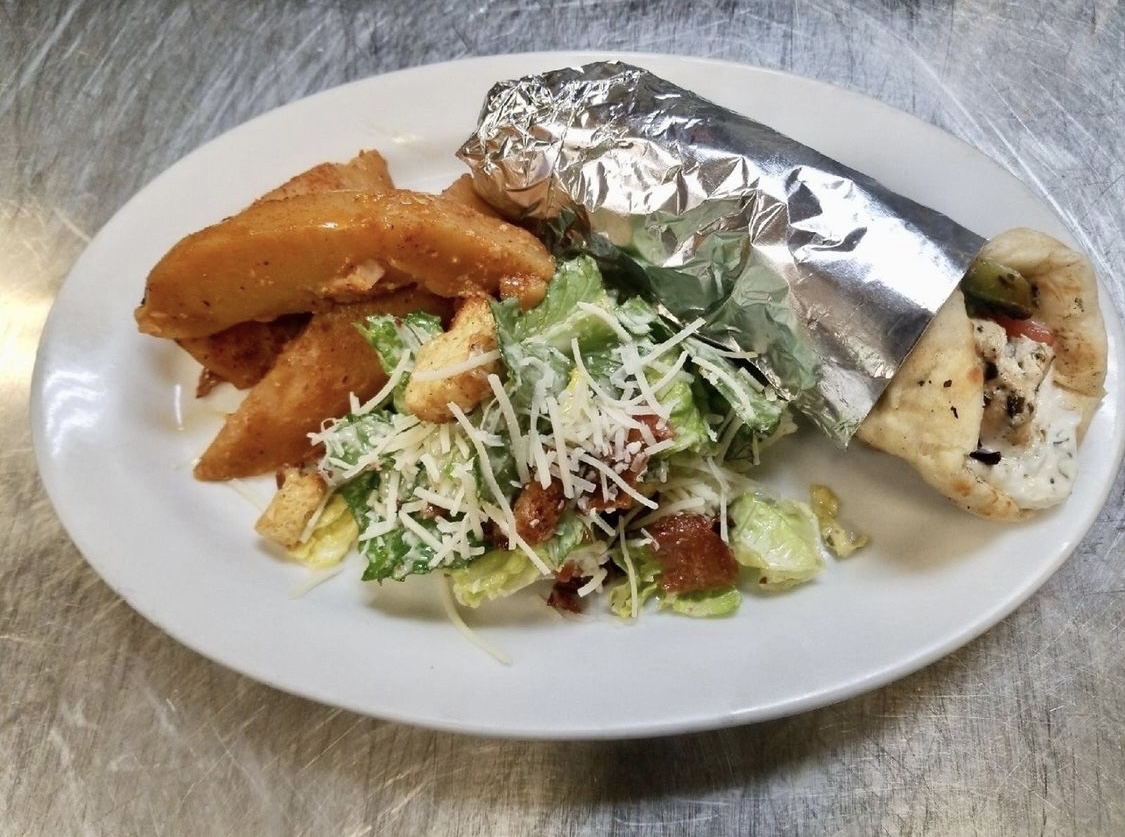 Try one of our favourites, Chicken Souvlaki Pita! Served with your choice of potato and salad!