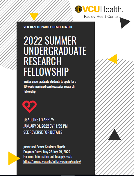 VCU Health Pauley Heart Center (@vcuhealthheart) on Twitter photo 📣 Extended! Applications for Pauley's 2022 Summer Undergraduate Research Fellowship has been extended! Learn more about this 10-week experiential program with faculty members.
❗ Application deadline: 1/31/2022 <a href="/VCU/">VCU</a> <a href="/VCUHealth/">VCU Health</a> <a href="/VCUpresident/">Michael Rao, Ph.D.</a>
➡️ bddy.me/3pbgGr3 📣 Extended! Applications for Pauley's 2022 Summer Undergraduate Research Fellowship has been extended! Learn more about this 10-week experiential program with faculty members.
❗ Application deadline: 1/31/2022 <a href="/VCU/">VCU</a> <a href="/VCUHealth/">VCU Health</a> <a href="/VCUpresident/">Michael Rao, Ph.D.</a>
➡️ bddy.me/3pbgGr3