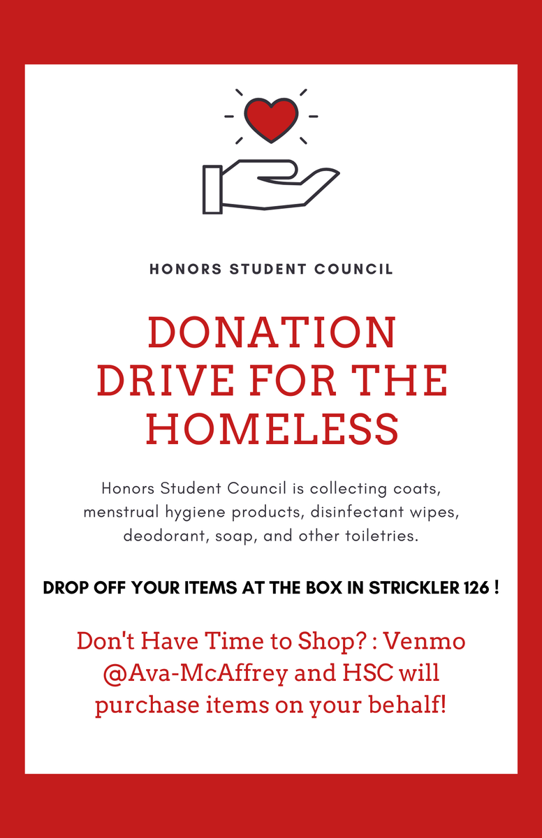UofL_HSC's tweet photo. HSC's Donation Drive for the Homeless is now accepting items at Strickler 126! Don't have time to shop? Venmo Ava-McAffrey and HSC will purchase items on your behalf. https://t.co/ozeLUJYHmU