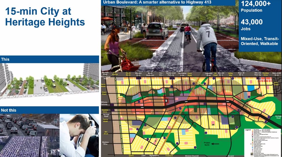 Penalosa_G's tweet photo. Cities do change. Today, I saw great presentation by Brampton's mayor @PatrickBrownOnt on his city's current transformation, creating '5 minute city' neighbourhoods, parks, retail, switching hwy to Blvd with sidewalks, trees, protected bikeways, etc. Images. @RowenaSantos https://t.co/OuPZ6PDSXx