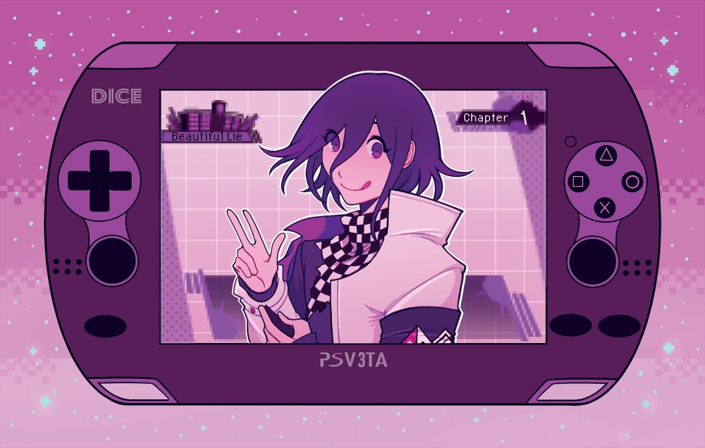phantomorrow's tweet image. + some close ups of the front and back art for the pouch! 🔎✨ this was my first time being a merch artist for a zine and it was a lot of fun thinking about gamer ouma! i'm glad i got to be in this project, ty for having me! 🥺💕