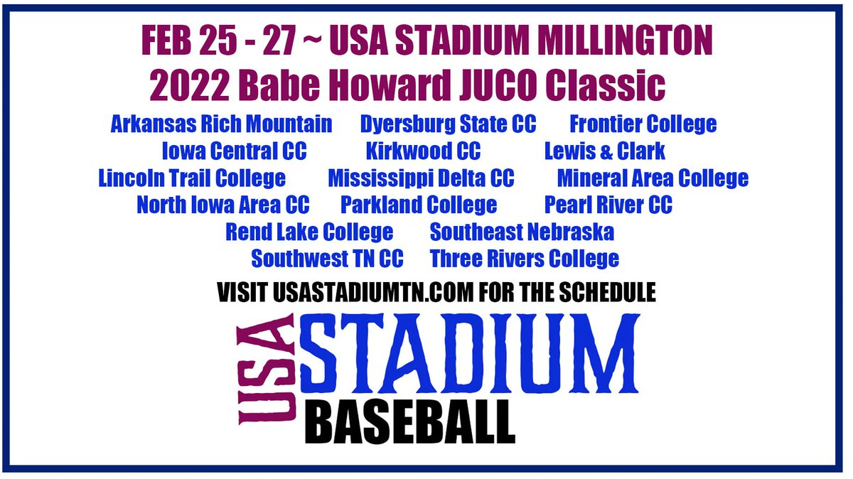 2022 Babe Howard JUCO Classic starts Feb 25 <a href="/UARMBaseball/">UARM Baseball</a>
<a href="/DSCCBaseball/">Dyersburg State Baseball</a>
<a href="/BaseballBcats/">FCC Bobcat Baseball</a>
<a href="/ICCCBaseball/">Iowa Central Baseball</a>
<a href="/KCC_BSB/">Kirkwood Baseball</a>
<a href="/LewisandClarkC1/">Lewis and Clark CC Baseball</a>
<a href="/loggerbaseball/">Lincoln Land Baseball</a>
<a href="/TrojanBB/">MS Delta CC Baseball</a>
<a href="/CardinalsMAC/">Mineral Area Baseball</a>
<a href="/NIACCBaseball/">NIACC Baseball</a>
<a href="/Cobra_Baseball/">Parkland Baseball</a>
<a href="/PRCC_Baseball/">Pearl River Baseball</a>
<a href="/RLC_Baseball/">Rend Lake Baseball</a>
<a href="/SCCBASEBALLNE/">SCC Baseball</a>
<a href="/SWTenn_BSB/">Southwest Tennessee Baseball</a>
<a href="/3rbaseball/">Three Rivers College Baseball</a>