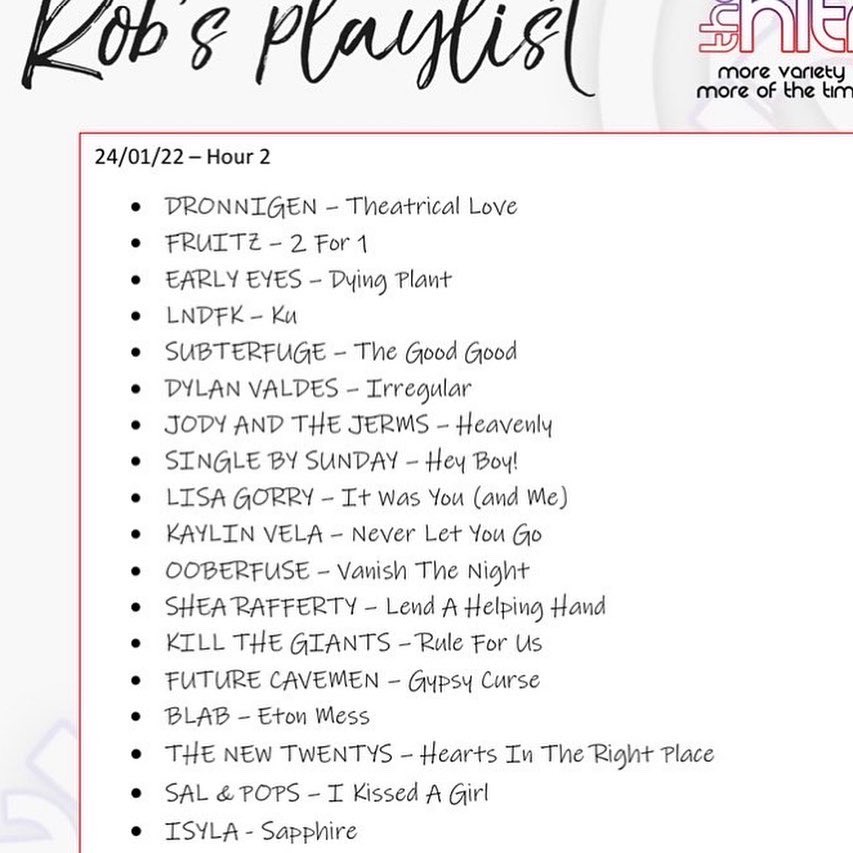 Hour 2 <a href="/thehitmix/">The Hitmix 107.5 FM</a> - <a href="/fruitzofficial/">Fruitz</a> <a href="/Subterfuge91/">Subterfuge</a> <a href="/dyanvaldes/">Dyanvaldes</a> @Jodyandthejerms <a href="/SingleBySunday/">Single By Sunday</a> <a href="/kaylinvelasings/">Kaylin Vela</a> <a href="/ooberfuse/">ooberfuse</a> <a href="/shearaffmusic/">Shea Rafferty</a> <a href="/FRANBLABS/">BLAB (she/her)</a> <a href="/TheNewTwentys/">The New Twentys</a> <a href="/salandpops/">Sal & Pops</a>