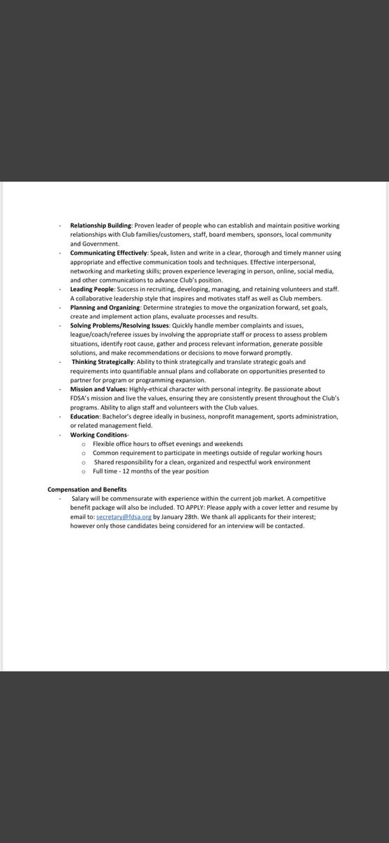 fdsasoccer's tweet image. Reminder: We are hiring for the position of EXECUTIVE DIRECTOR. Please apply via email to: secretary@fdsa.org Applications close on January 28th! (This Friday!)

Only those candidates considered for an interview will be contacted