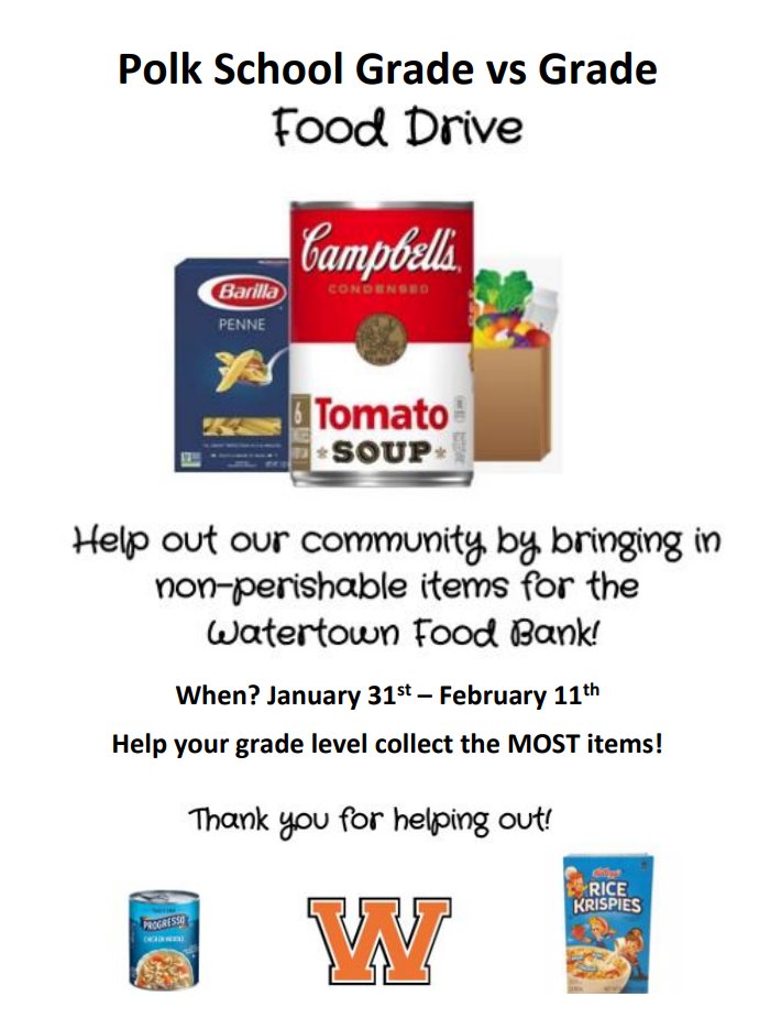 Polk School Families Our Food Drive is Coming Soon! 1/31- 2/11! <a href="/PolkESPrincipal/">@PolkESPrincipal</a> #fooddrive #watertowncares
